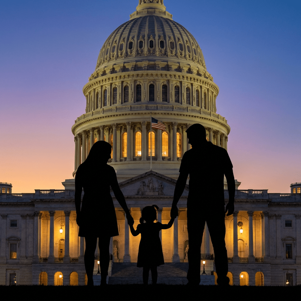 Family silhouette against the illuminated U.S. Capitol building under a sunset sky.