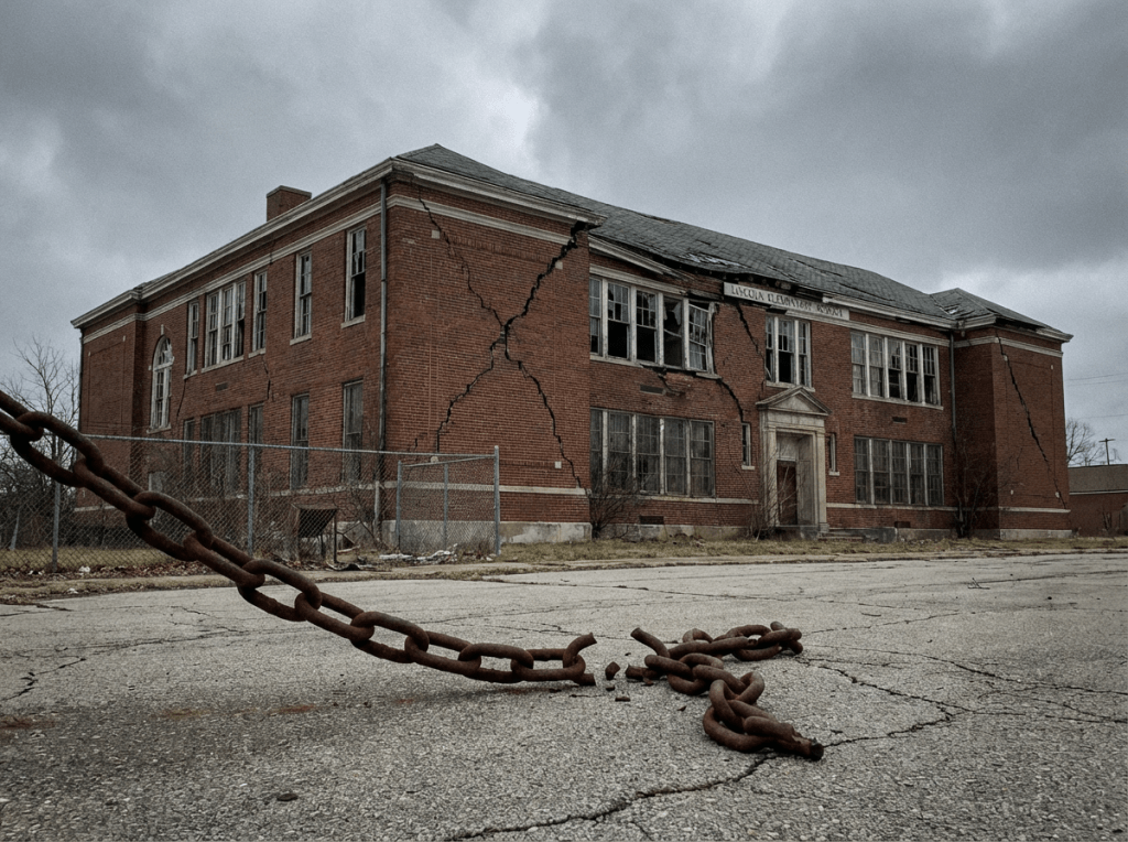 Abandoned brick school building with large cracks and broken windows